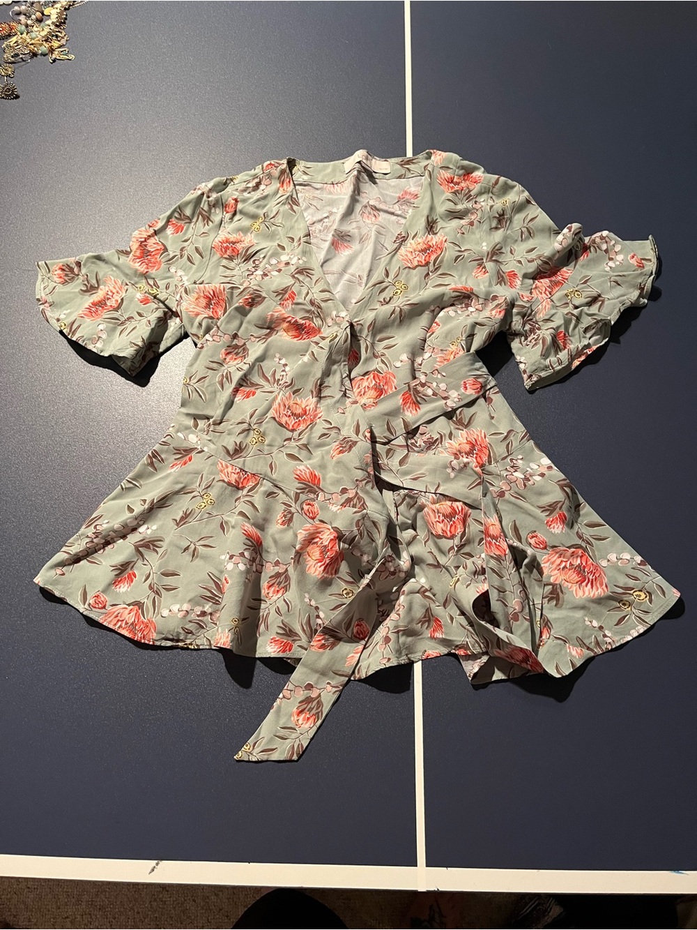 LOFT Floral Wrap Top in Sage Green and Coral Accents